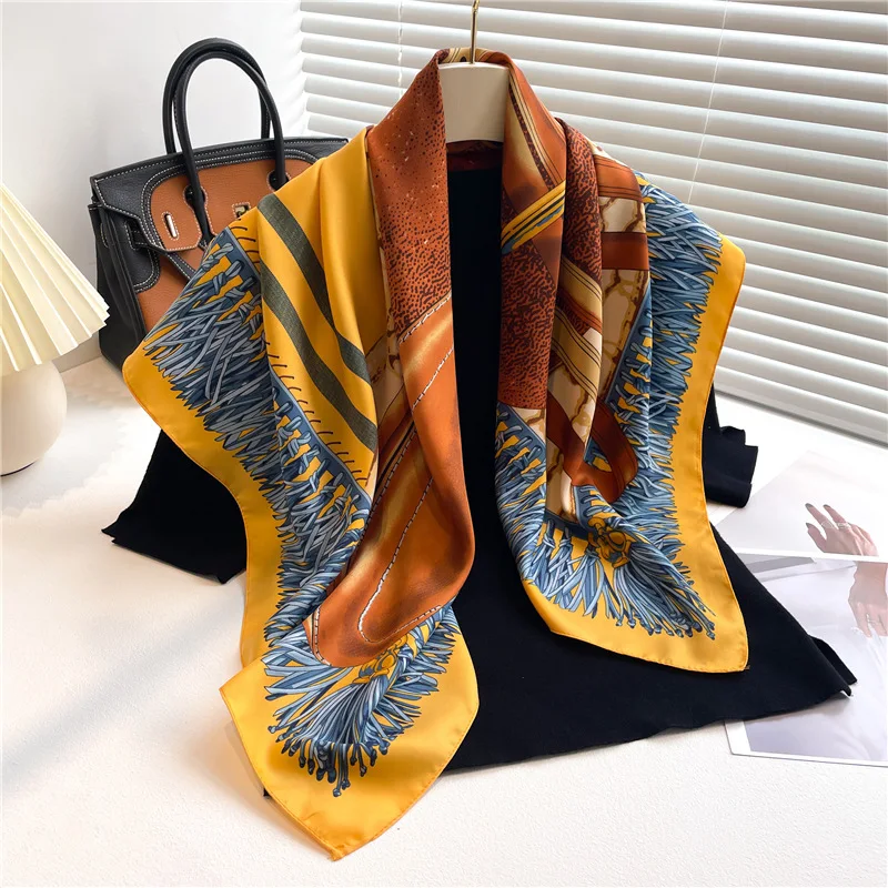 

90x90 см новый женский саржевый шелковый большой квадратный шарф шаль модный роскошный цветной блок печать дизайн путешествия солнцезащитный крем платок шарф