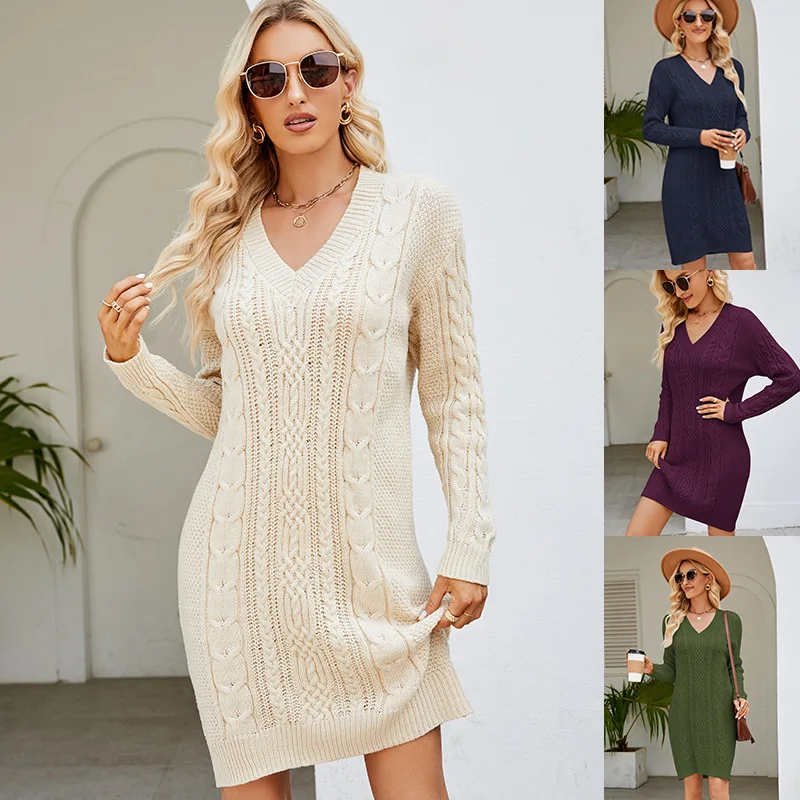 Women's V-neck long woolen dress, autumn and winter fashionable temperament, twisted flower bottom knitted dress
Women's V-neck long woolen dress, autumn and winter fashionable temperament, twisted flower bottom knitted dress