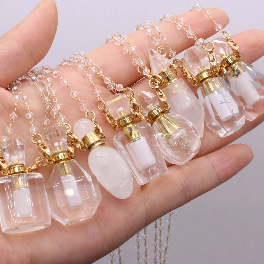 

Charm Natural Semi precious Stone Clear Quartz Perfume Bottle Pendant Necklace Reiki Healing Crystal Exquisite Jewelry Gift