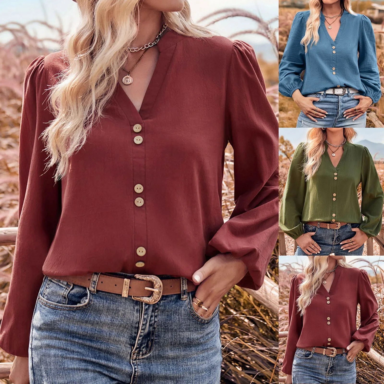 Fashion Button V Neck Lantern Long Sleeve Shirt Women Casual Solid Lady Office Tops Loose Pullover Spring Ladies Button Blouse
Fashion Button V Neck Lantern Long Sleeve Shirt Women Casual Solid Lady Office Tops Loose Pullover Spring Ladies Button Blouse