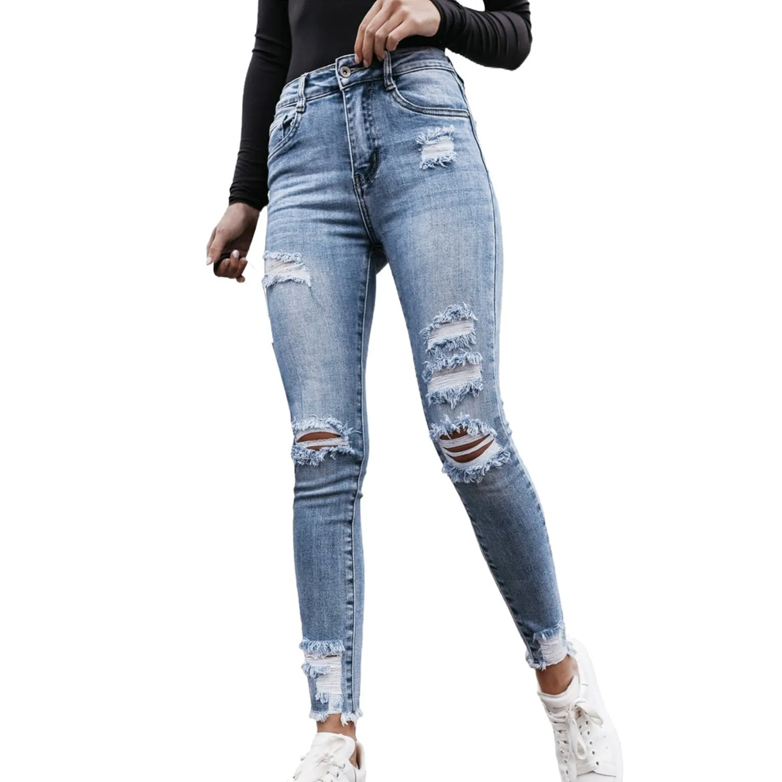 High Hole Trousers Pocket Waist Button Jeans Pants Denim Slim Elastic Women Women's Jeans
High Hole Trousers Pocket Waist Button Jeans Pants Denim Slim Elastic Women Women's Jeans