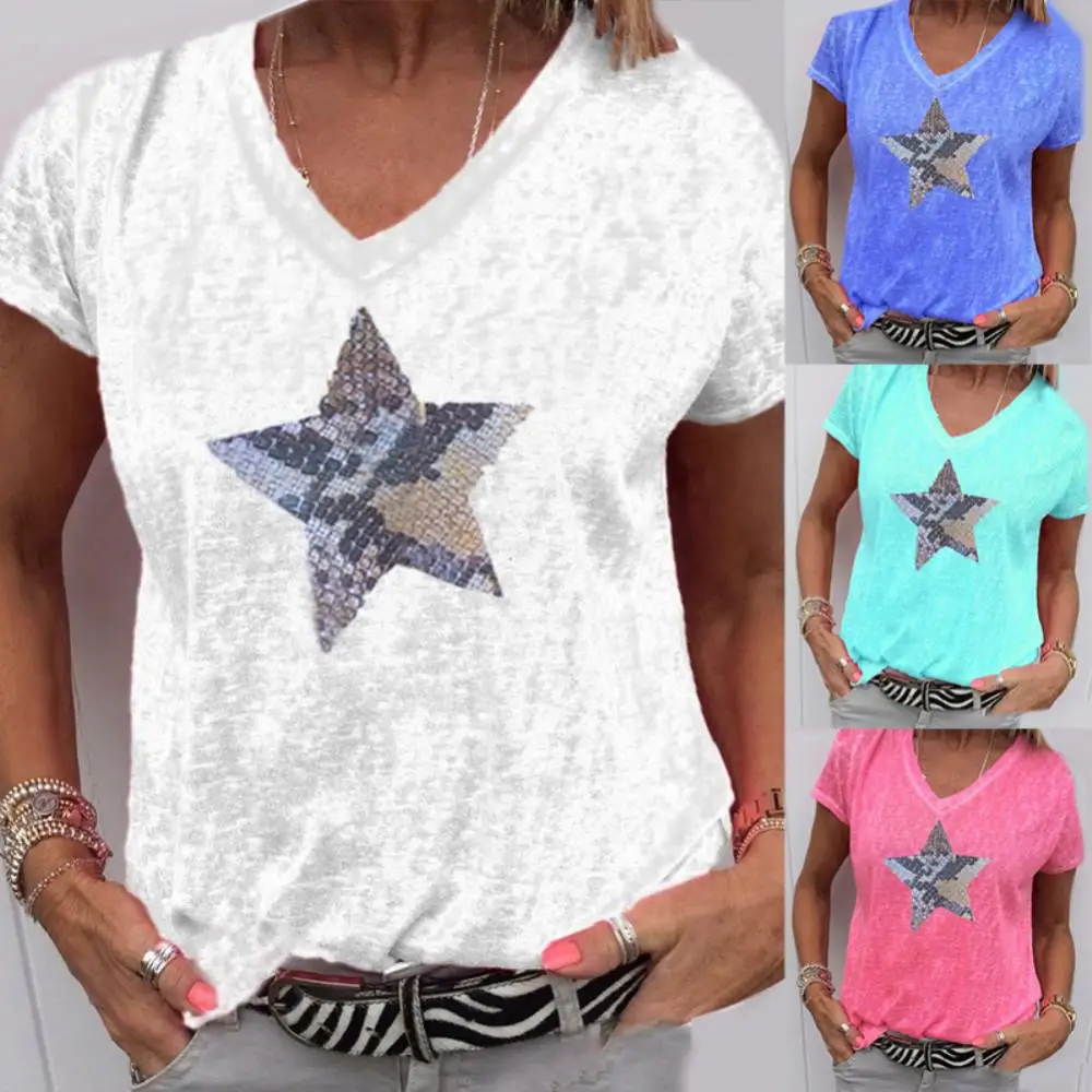 Summer Fashion Women Stylish T-shirt V Neck Short Sleeve Sequins Star Loose T Shirt Women Tops
Summer Fashion Women Stylish T-shirt V Neck Short Sleeve Sequins Star Loose T Shirt Women Tops
