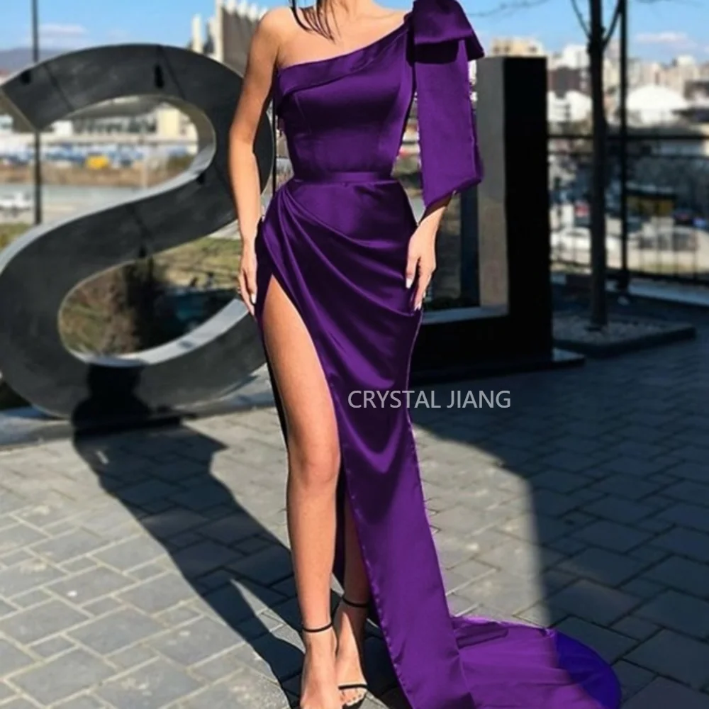 Женское атласное платье с бантом, длинное ТРАПЕЦИЕВИДНОЕ ПЛАТЬЕ на одно плечо, с естественной талией, со шлейфом 
Женское атласное платье с бантом, длинное ТРАПЕЦИЕВИДНОЕ ПЛАТЬЕ на одно плечо, с естественной талией, со шлейфом