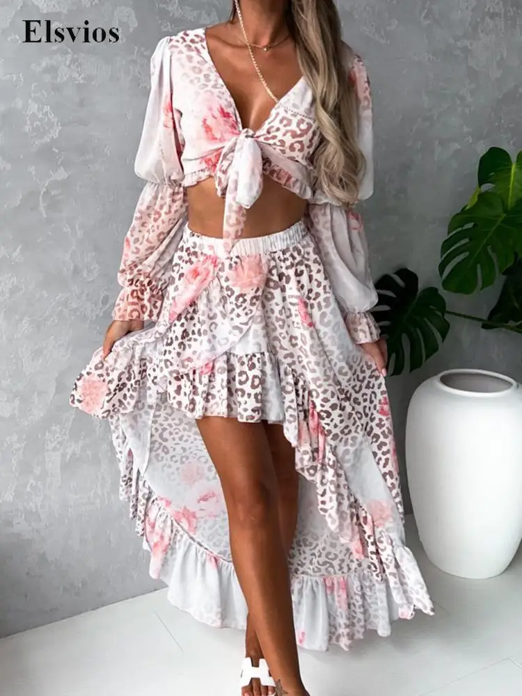Summer Chiffon Boho Beach Set Casual Long Sleeve Crop Tops+Ruffle Irregular Skirt Suits Women Fashion Leopard V Neck Bow Outfits
Summer Chiffon Boho Beach Set Casual Long Sleeve Crop Tops+Ruffle Irregular Skirt Suits Women Fashion Leopard V Neck Bow Outfits