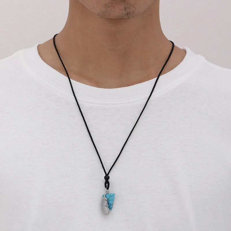 European And American Fashion Fashion Men's Black Rope Feather Triangle Turquoise Necklace Vintage Necklace 
European And American Fashion Fashion Men's Black Rope Feather Triangle Turquoise Necklace Vintage Necklace