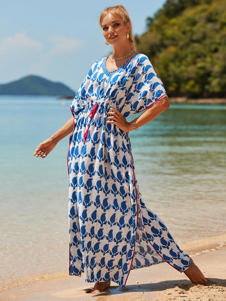 

Bikini Cover Up Rayon Beach Dresses for Women 2023 Blue Kaftan Tunic Seaside Bathing Suits Pareos De Playa Mujer