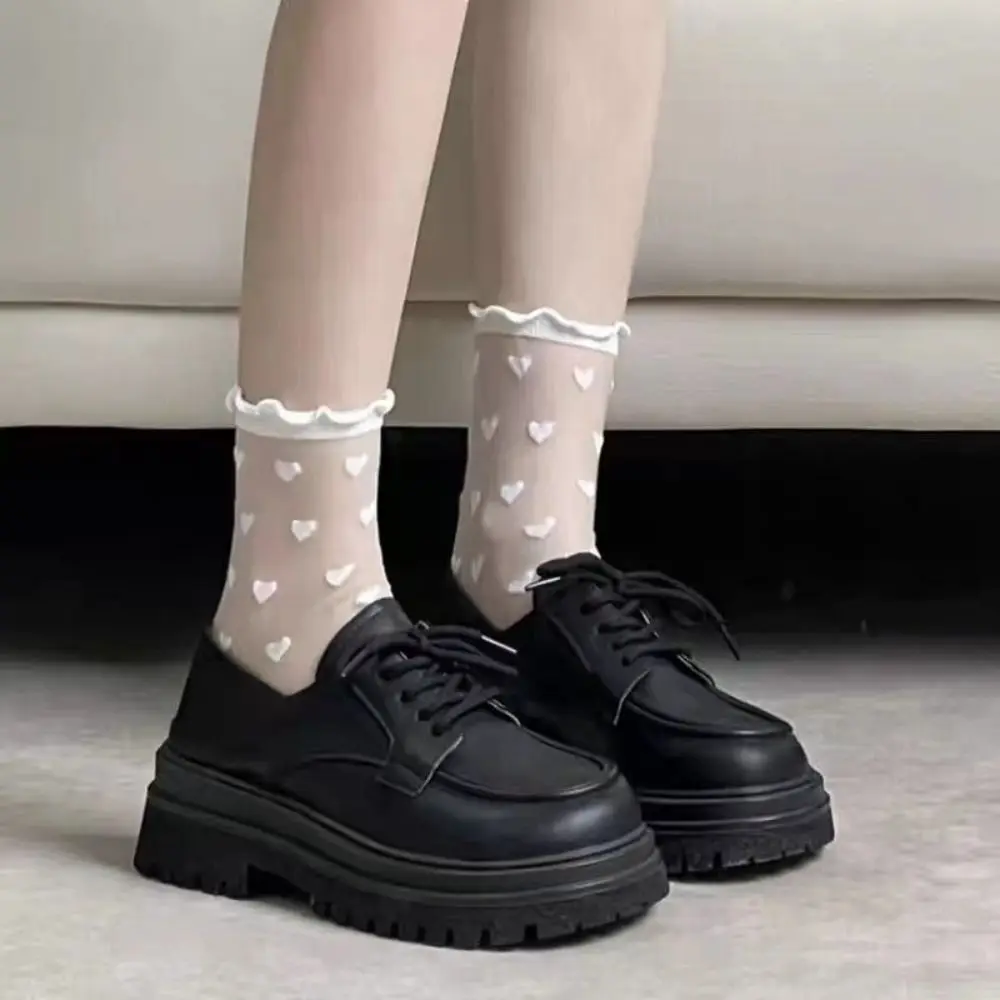 

Женские пикантные тонкие длинные носки с оборками и рисунком сердечек, милая форма JK Lolita из стекловолокна, прозрачные черные кружевные носки в стиле Ins