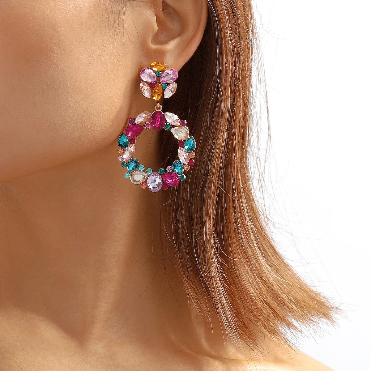 

Hollow Round Dangle Earrings Embellished With Full Shiny Rhinestones Bohemia Luxury Style Zinc Alloy Jewelry Delicate Earrings
