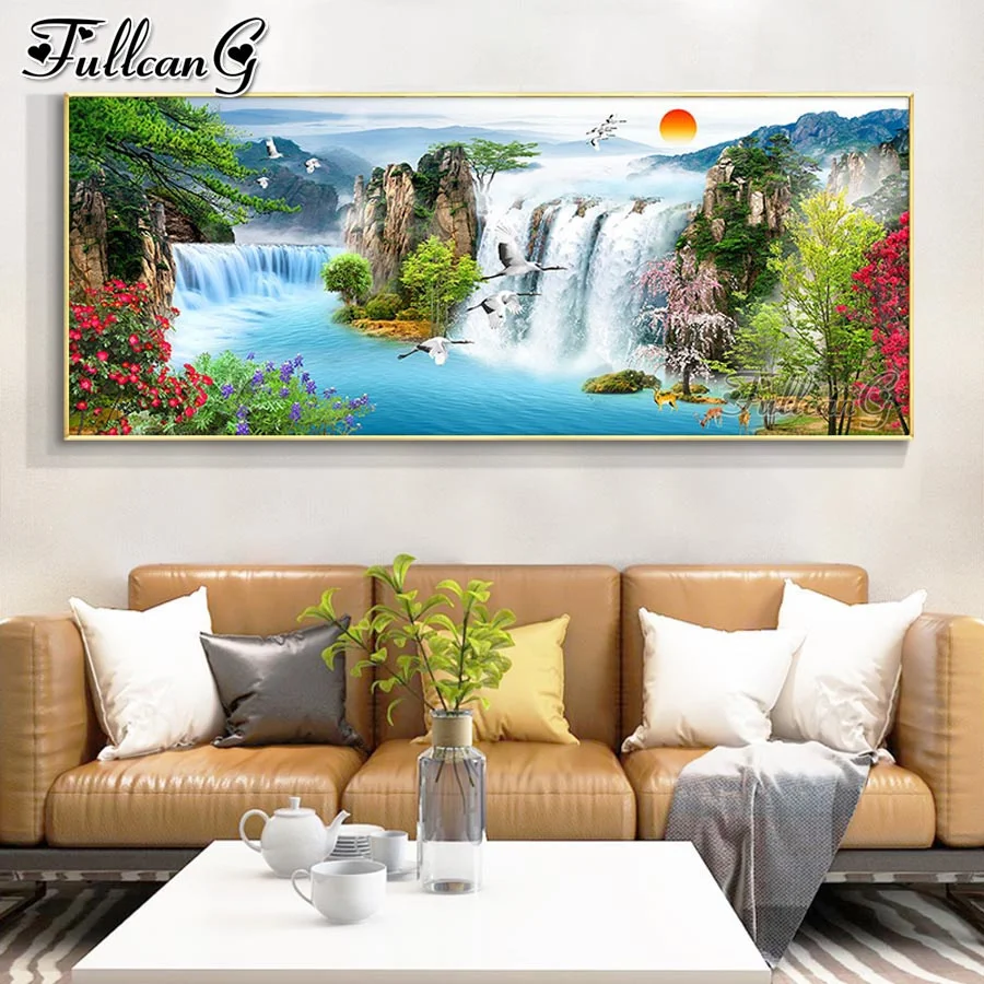 

FULLCANG sunrise waterfall 5d large diy diamond painting lake crane full rhinestone embroidery natural scenery wall decor FG0813