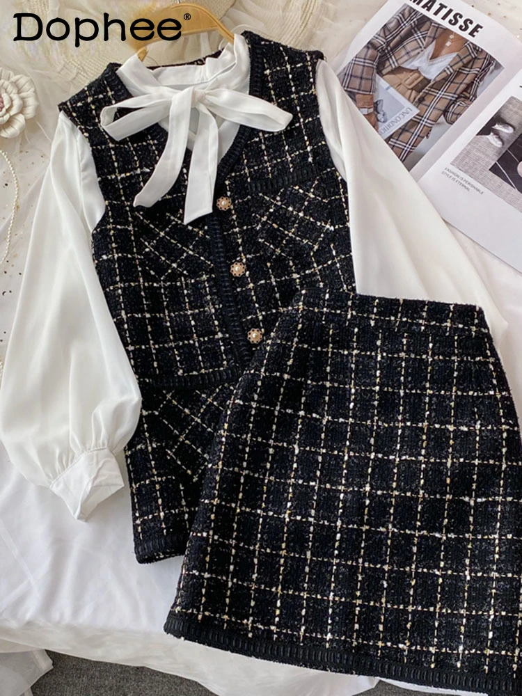 Small Fragrant V-neck Vest Coat Three Piece Suit Bow Tie Shirt High Waist Skirts Suit 2022 Autumn New Fashion Tide
Small Fragrant V-neck Vest Coat Three Piece Suit Bow Tie Shirt High Waist Skirts Suit 2022 Autumn New Fashion Tide
