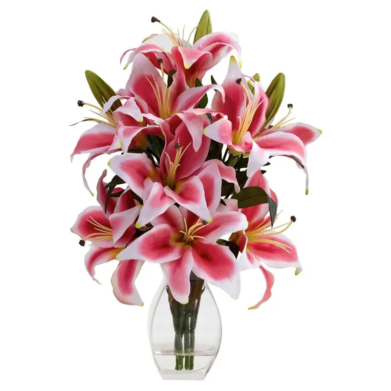 

Rubrum Lily Artificial Flower Arrangement with Decorative Vase, Pink Wedding Party Vase Home Autumn Decoration Fake Flower