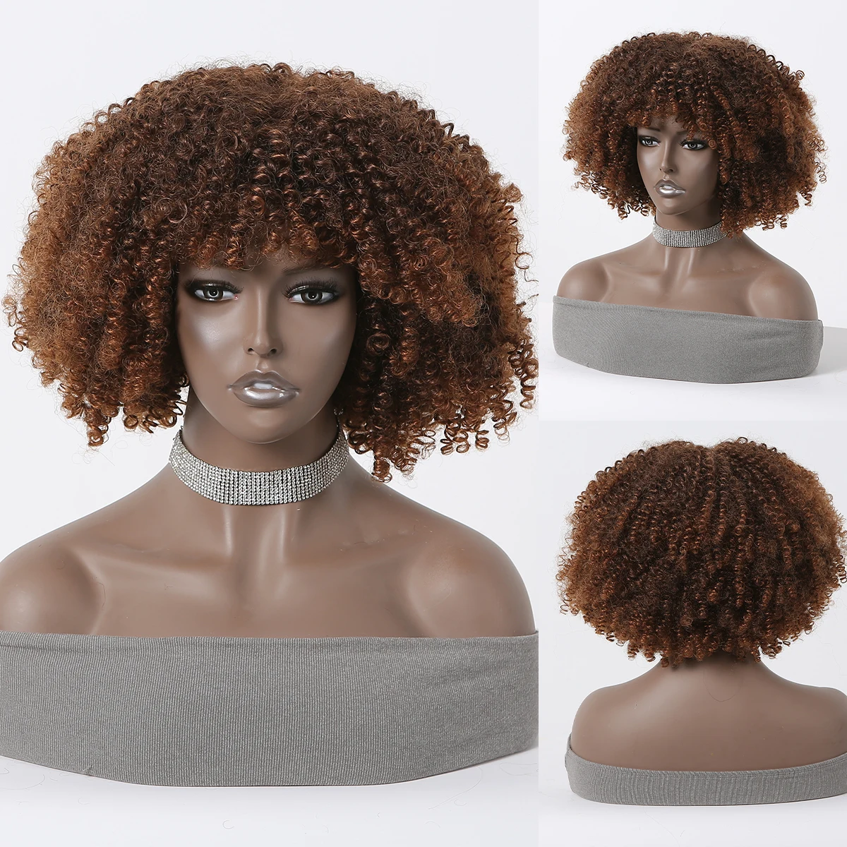 

Deep Curly Afro Synthetic Wigs Dark Brown Copper Ombre Short Kinky Bomb Wig Wavy Fiber Hair for Black Women Heat Resistant Daily