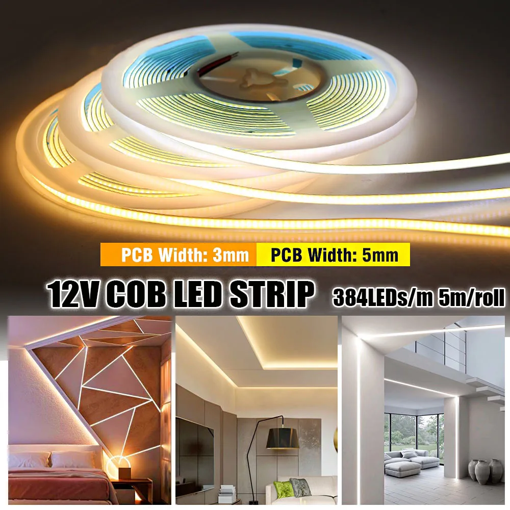 5mm COB LED Strip Led Tape 384LEDs/M 5M High Density Flexible 12V RA90 COB LED Lights for Room Warm Nature Cool White Linear
5mm COB LED Strip Led Tape 384LEDs/M 5M High Density Flexible 12V RA90 COB LED Lights for Room Warm Nature Cool White Linear