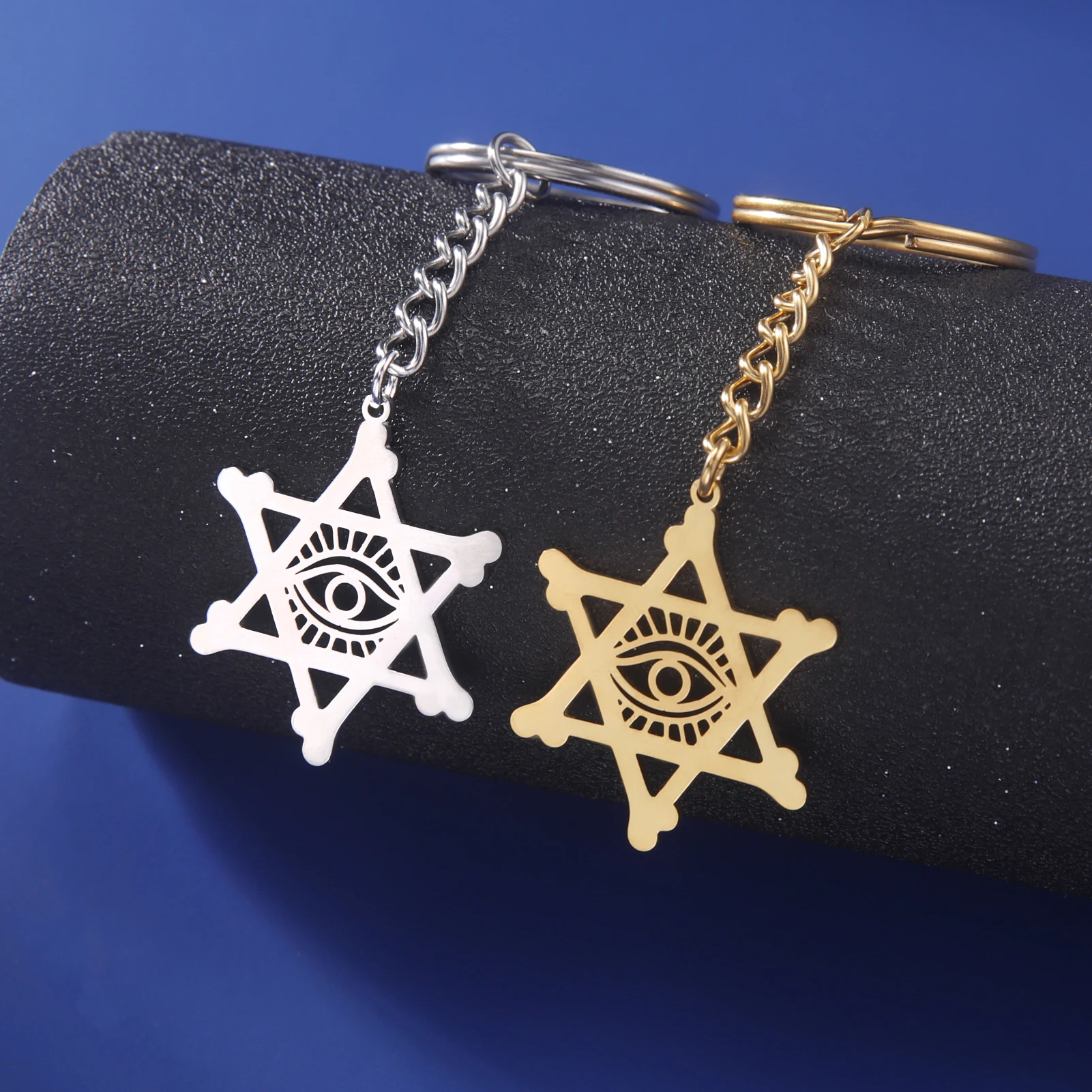 

Kkjoy Fashion Stainless Steel Gold Color Six pointed star keychain evil eyes Pendant Keyring Jewelry Bag jewelry Gift Wholesale