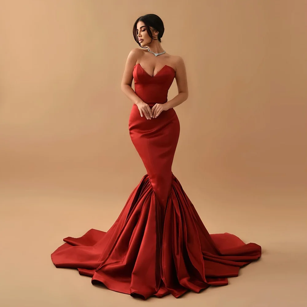 

Женское атласное платье с юбкой годе, Красное Длинное Элегантное Вечернее Платье с открытой спиной и шлейфом, матовое платье для выпускного вечера, лето 2023