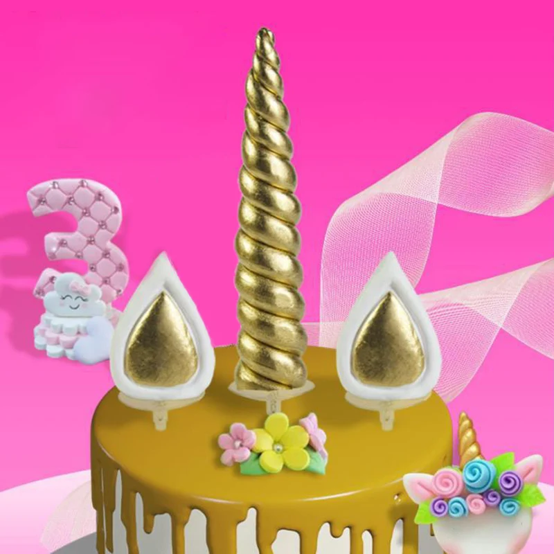 

1 Set Animal Cake Topper Gold Birthday Cake Topper Horn Ears Party Decoration Cake Decorating Supplies Gold Unicorn Horn
