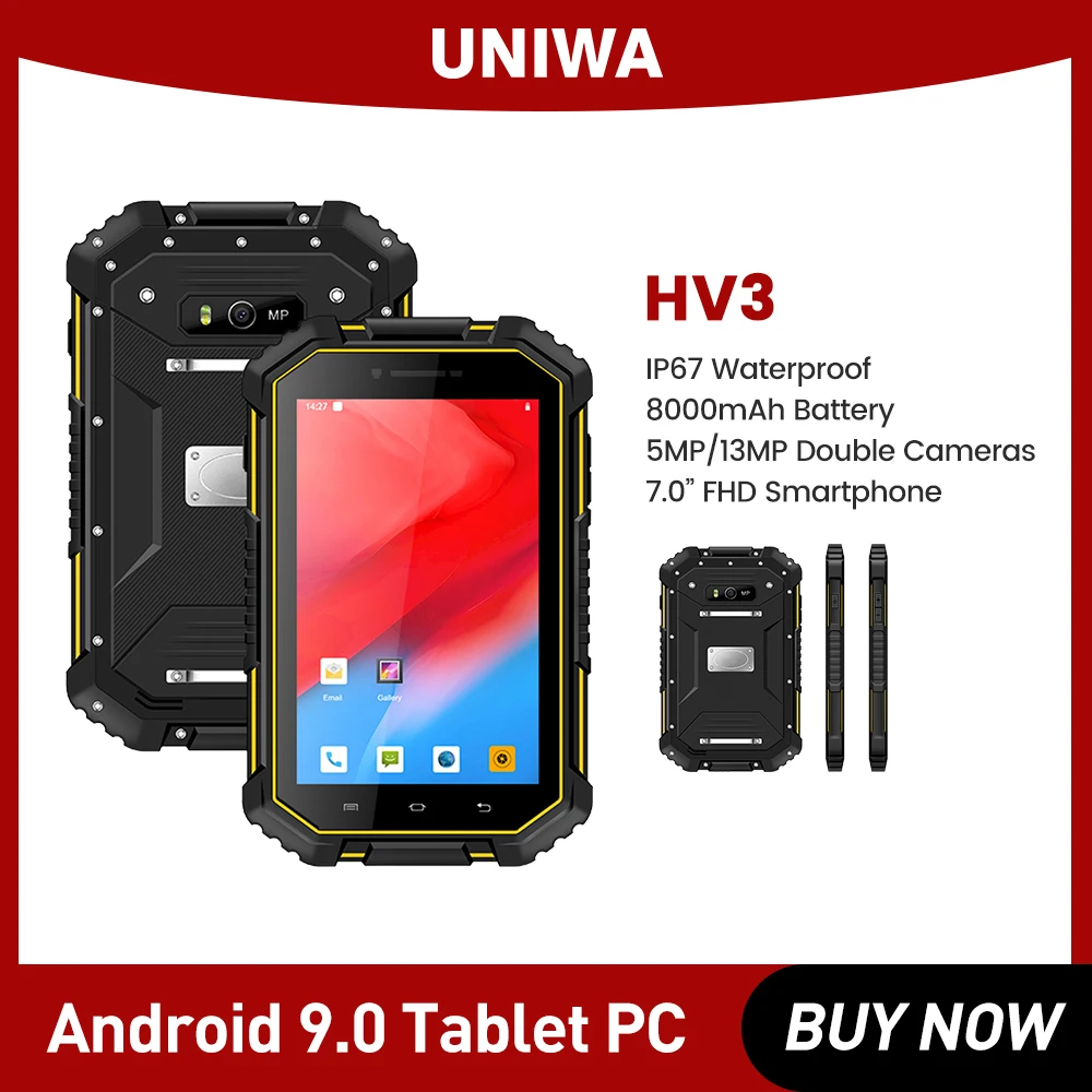 

UNIWA HV3 Rugged Tablet 4GB RAM 64GB ROM NFC Mobile Phone IP67 7.0 Inch FHD Android 9.0 13MP 8000mAh Battery Cellphone