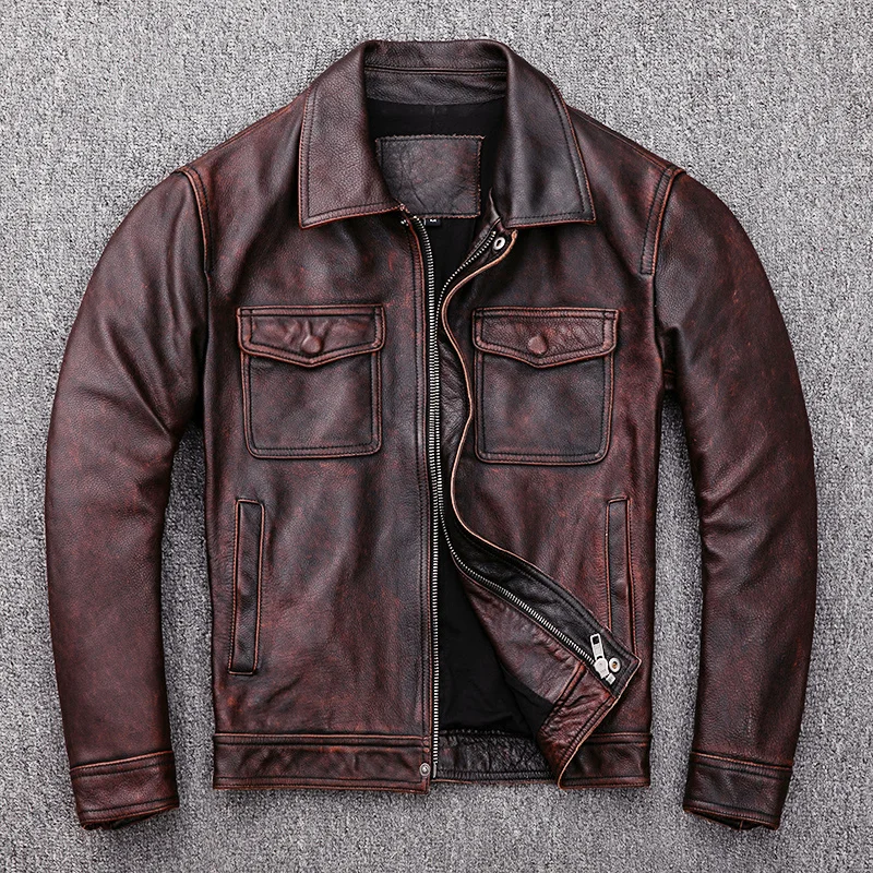 

100% Cowhide Motorcycle Jackets Men Genuine Corium Pilot Jacket Spring Autumn Short Vintage Distressed Slim Fit Leather Jacket