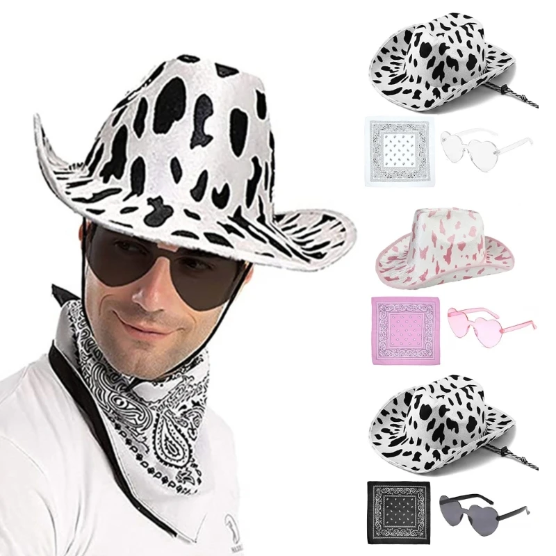 Cowboy Hats Cow Print Summer Sunhat Western Cowgirl Hat and Bandana Sunglasses Costume Party Dress Up Accessories 
Cowboy Hats Cow Print Summer Sunhat Western Cowgirl Hat and Bandana Sunglasses Costume Party Dress Up Accessories