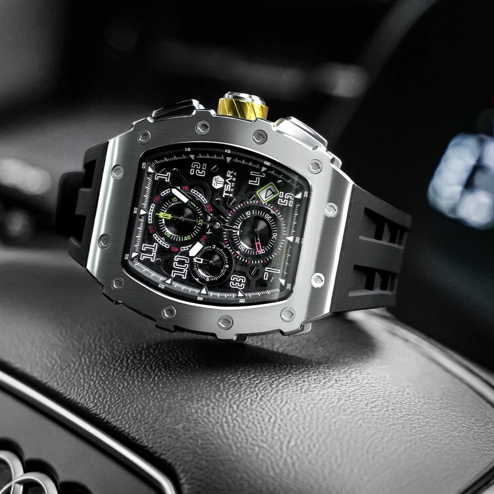 

TSAR BOMBA Luxury Watch for Men Fashion Tonneau Clock Sapphire 50M Waterproof Clock 316L Stainless Steel Chronograph Wristwatch