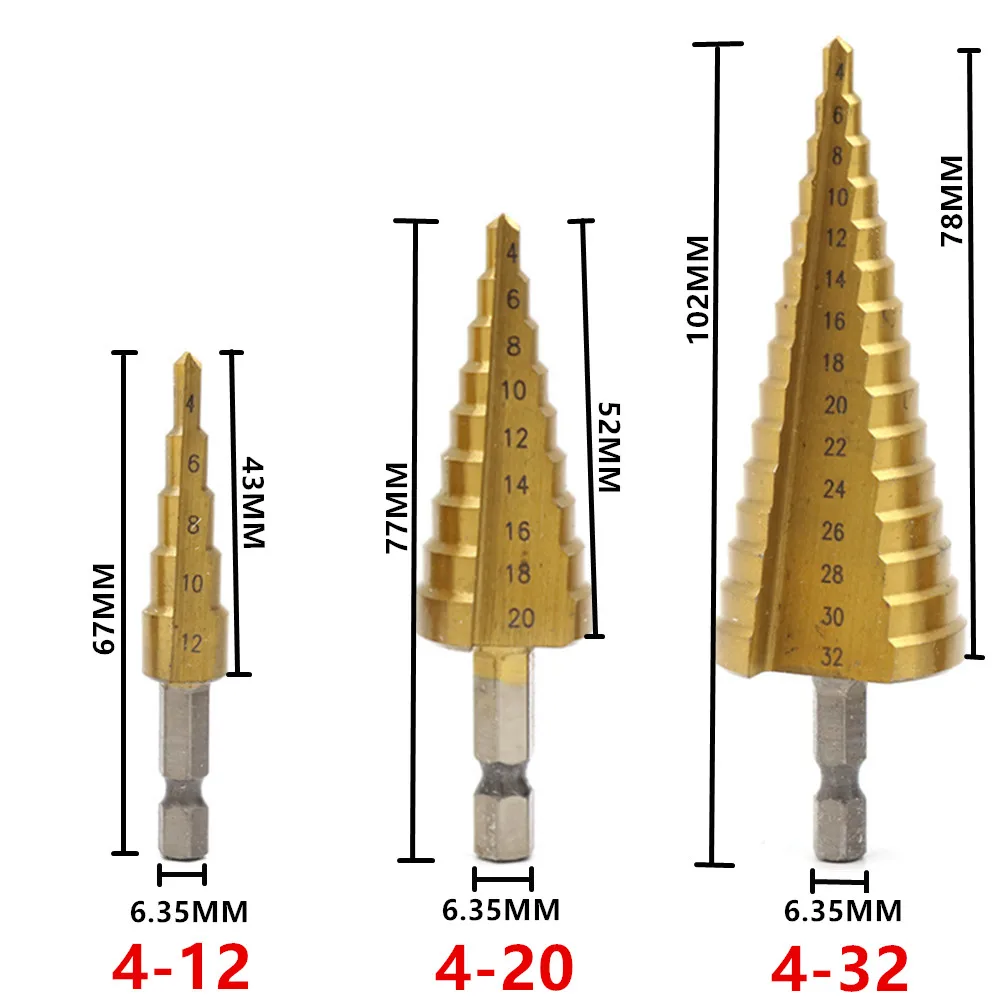3Pcs 4-12/20/32mm HSS Titanium Coated Step Drill Bit Drilling Power Tool Metal High Speed Steel Wood Hole Cutter Step Cone Drill
3Pcs 4-12/20/32mm HSS Titanium Coated Step Drill Bit Drilling Power Tool Metal High Speed Steel Wood Hole Cutter Step Cone Drill