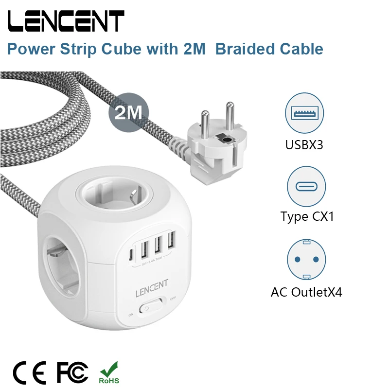 Сетевой куб с 4 розетками переменного тока, 3 USB-порта, 1 Type C, 2 м