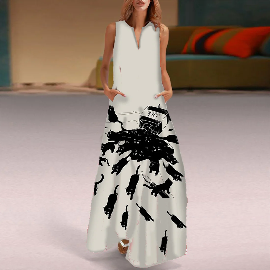 V-Neck Long Dress Ladies Casual V-Neck Sleeveless Plus Size Dress Loose Flower Butterfly Cute Cat Print Dress
V-Neck Long Dress Ladies Casual V-Neck Sleeveless Plus Size Dress Loose Flower Butterfly Cute Cat Print Dress