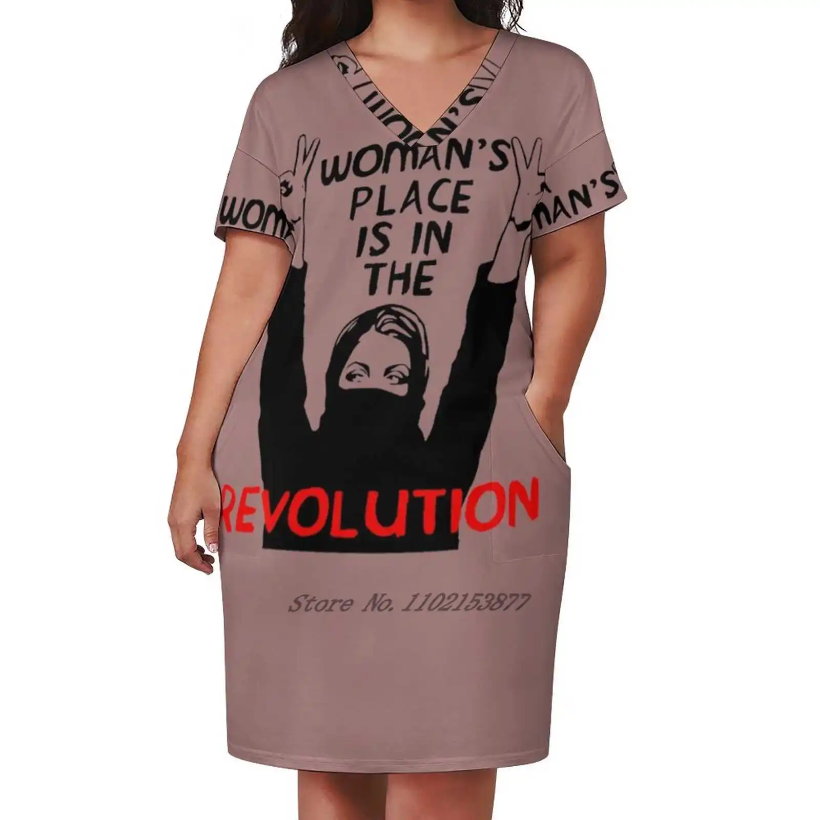 

A Woman'S Place Is In The Revolution - Feminist Resistance Loose Pocket Dress Summer Sexy V Neck Dress Print Short Sleeve Dress