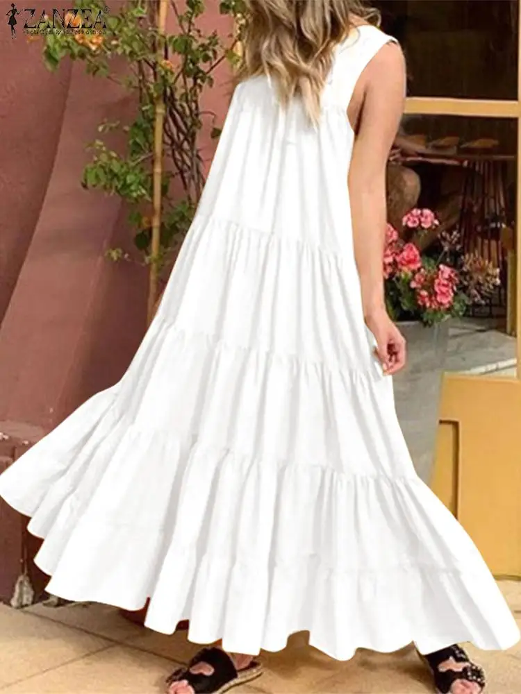 

ZANZEA Summer Sleeveless Long Dress Elegant Women Sundress Casual Ruffles Square Neck Maxi Vestido Robe Femme Kaftan Sarafans