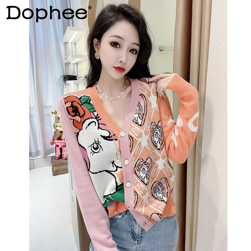 Cute Cartoon Contrasting Color Printted V-neck Knitted Cardigan Women 2022 Spring New Loose Slimming Single-Breasted Sweater Top
Cute Cartoon Contrasting Color Printted V-neck Knitted Cardigan Women 2022 Spring New Loose Slimming Single-Breasted Sweater Top