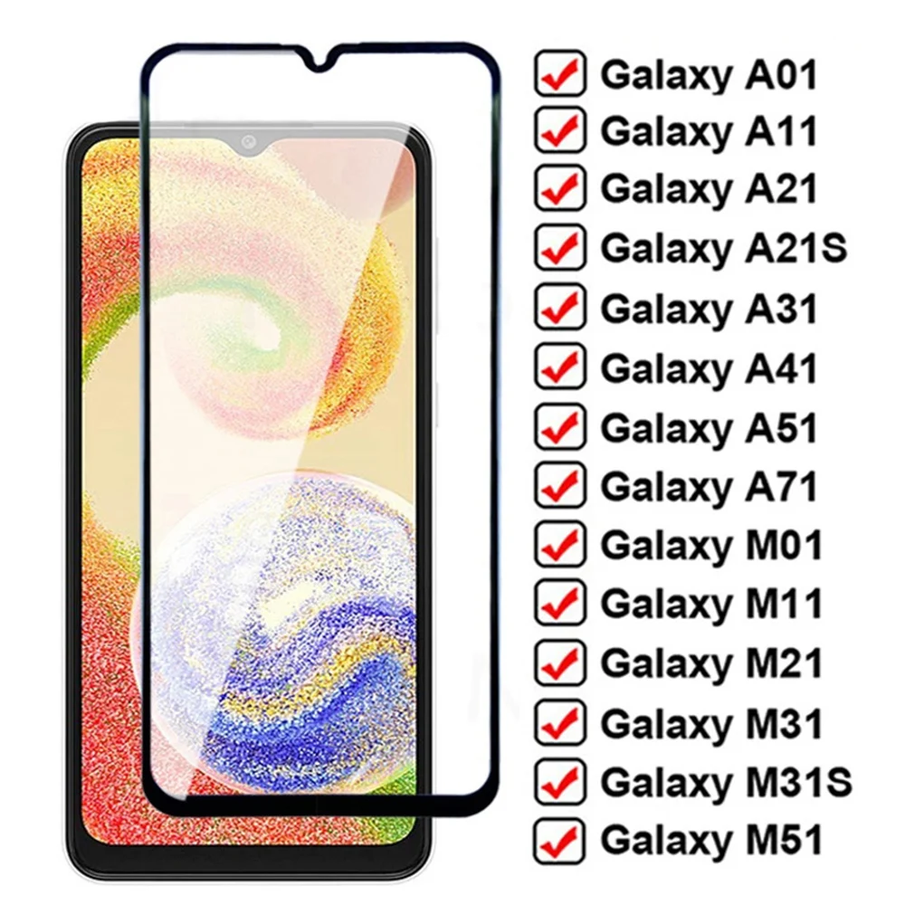 

9D полное покрытие закаленное стекло для Samsung Galaxy A21S A21 A01 A11 A51 A71 A41 M01 M11 M21 M31 M31S M51 защита для экрана стекло