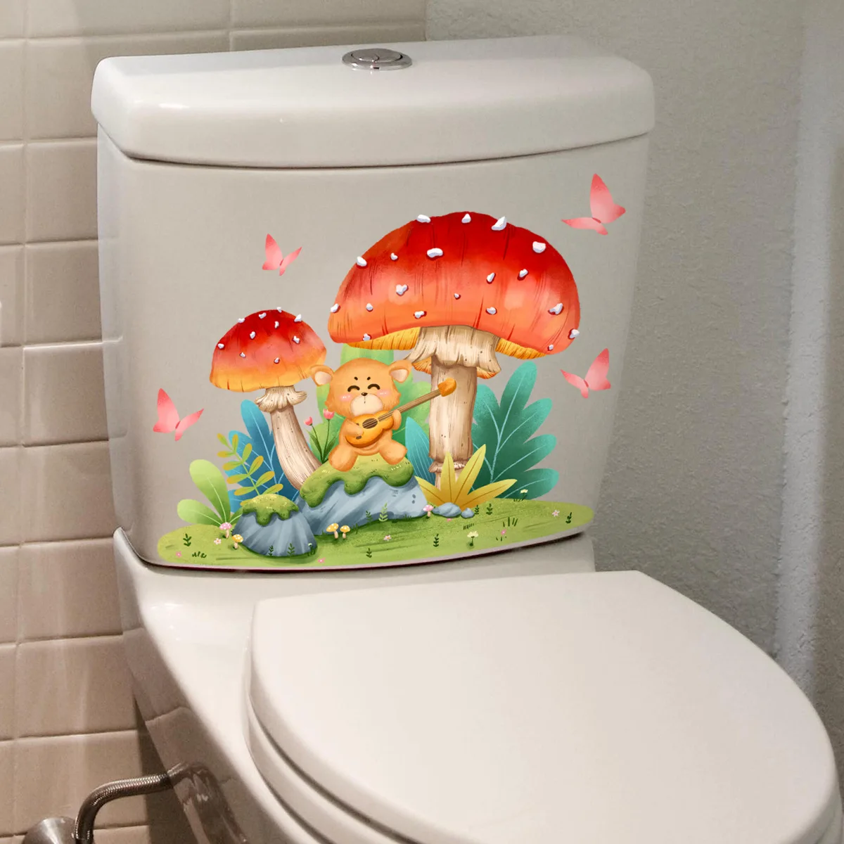 

25*30cm Cartoon Cute Creative Mushroom Fox Bear Butterfly Toilet Sticker Bathroom Toilet Toilet Cover Decorative Wall Sticker