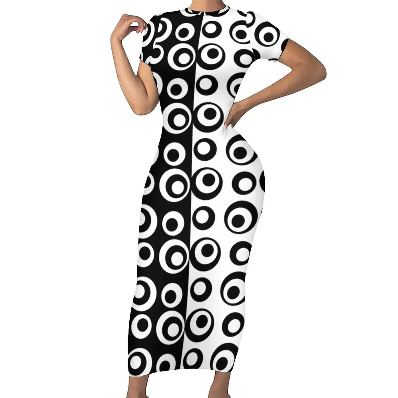 

Black And White Two Tone Dress Short Sleeve Mod Love Circles Dots Vintage Maxi Dresses Street Fashion Graphic Bodycon Dress