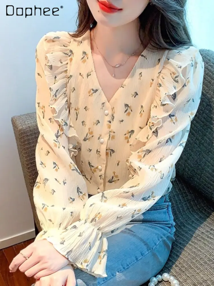 Women's Long Sleeve V-neck Ruffled Printed Floral Shirt 2022 Autumn New French Style Elegant Feminine Shirts Fashion Tops Mujer
Women's Long Sleeve V-neck Ruffled Printed Floral Shirt 2022 Autumn New French Style Elegant Feminine Shirts Fashion Tops Mujer