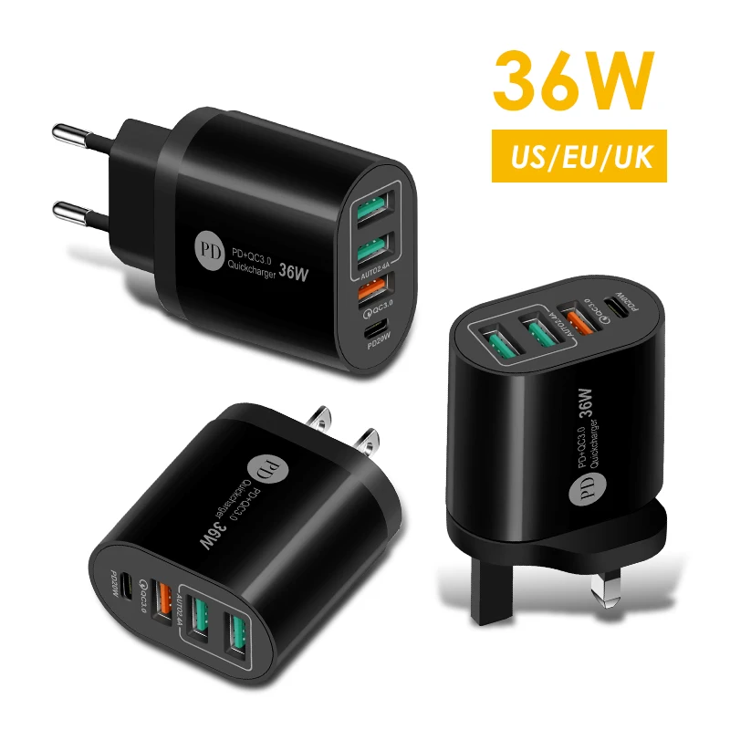 Сетевое зарядное устройство с 4 USB-портами и поддержкой быстрой зарядки 20 Вт