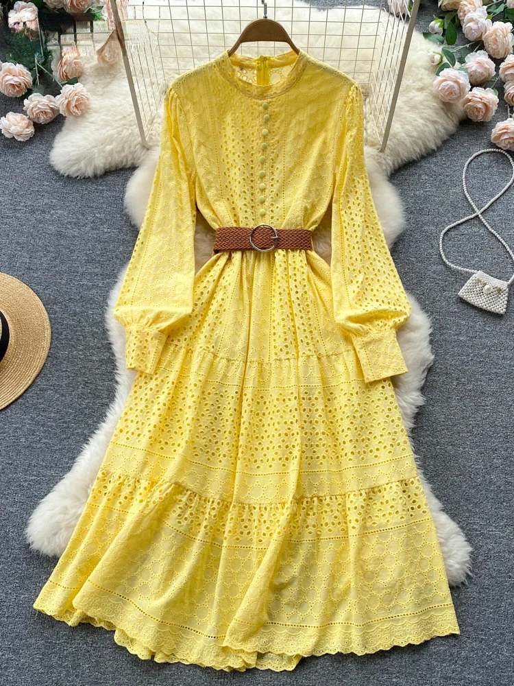 French Vintage O-neck Long Sleeve Women's Dressl Hollow Out Embroidery Design 2022 Autumn New Yellow Long Dresses
French Vintage O-neck Long Sleeve Women's Dressl Hollow Out Embroidery Design 2022 Autumn New Yellow Long Dresses