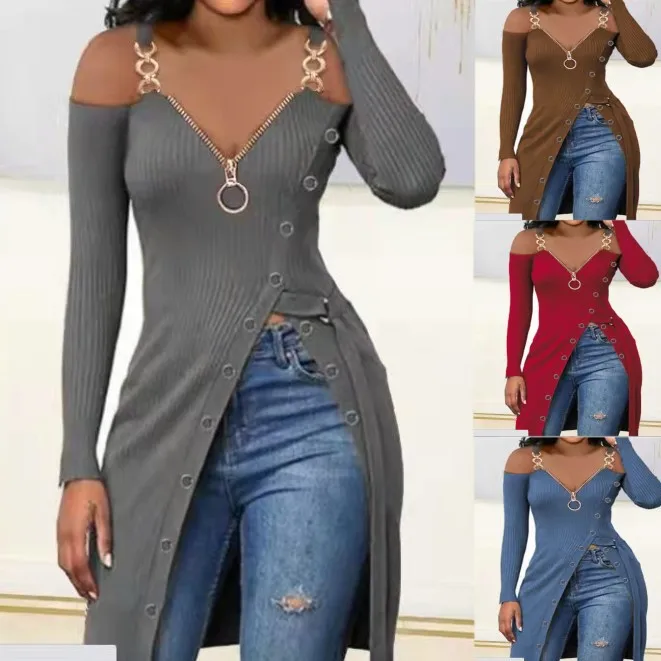 Long Sleeve High Split Zip Front Top Autumn Winter Sexy V-Neck Buttoned Solid Color Shoulder Off Chain Strap Pullover T-shirts
Long Sleeve High Split Zip Front Top Autumn Winter Sexy V-Neck Buttoned Solid Color Shoulder Off Chain Strap Pullover T-shirts