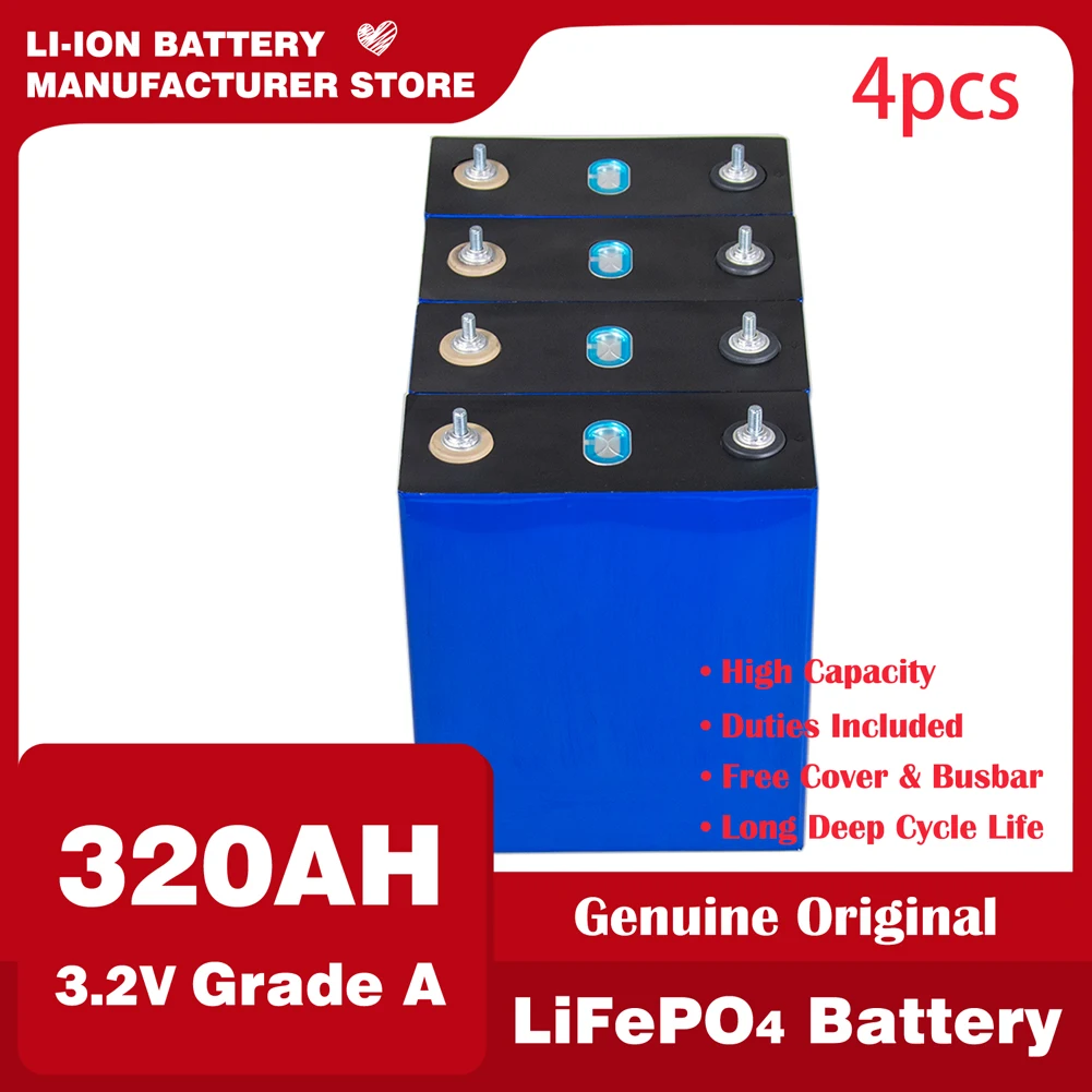 Brand New Grade A 4PCS 3.2V 320Ah Deep Cycle Battery Cell LiFePO4 Rechargeable Lithium Iron Phosphate with Busbar for RV
Brand New Grade A 4PCS 3.2V 320Ah Deep Cycle Battery Cell LiFePO4 Rechargeable Lithium Iron Phosphate with Busbar for RV