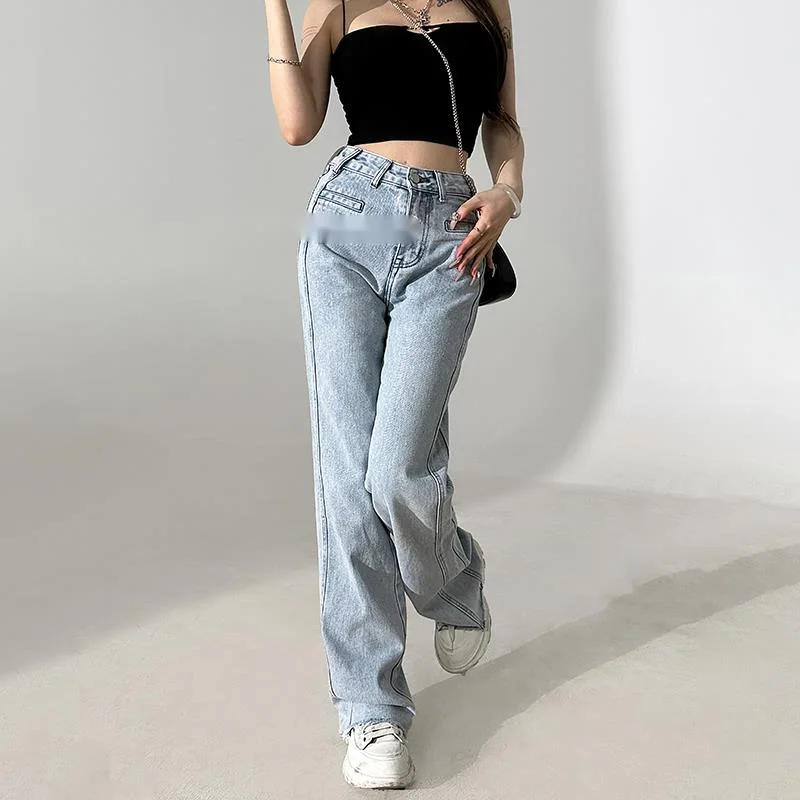 

WOMENGAGA High Waist Washed Straight Tube Jeans Women's Loose Slim Sweeping Wide Leg Pants montage flash Full Length T0S4