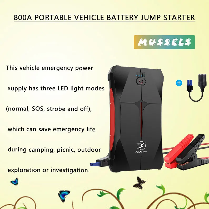 800A Peak Portable Car Battery Jump Starter (Up to 5.0L Gas or 4.0L Diesel Engine) with Smart Safety Jumper Cord, LED Torch
800A Peak Portable Car Battery Jump Starter (Up to 5.0L Gas or 4.0L Diesel Engine) with Smart Safety Jumper Cord, LED Torch