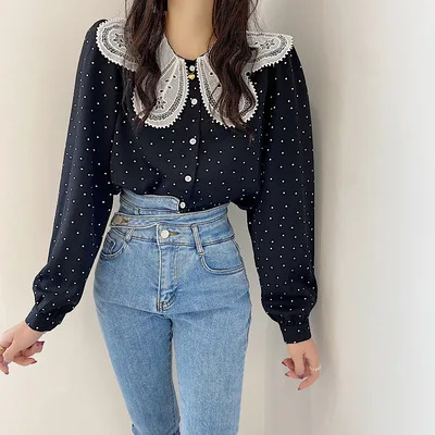 Spring 2022 New Retro Petal Doll Collar Long Sleeve Lace Custom Collar Stitched Polka Dot Chiffon Top
Spring 2022 New Retro Petal Doll Collar Long Sleeve Lace Custom Collar Stitched Polka Dot Chiffon Top