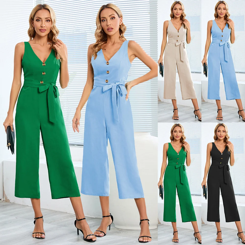 2023 elegant dressFashion sexy slim temperament sleeveless button-up V-neck jumpsuit outer size straight leg pants women's large
2023 elegant dressFashion sexy slim temperament sleeveless button-up V-neck jumpsuit outer size straight leg pants women's large