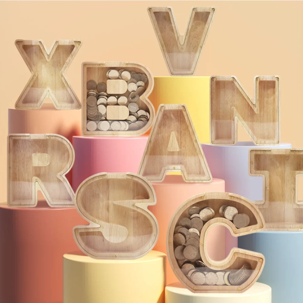 26 English Letters Shape Simple Wooden Piggy Bank Cash Register Coin Home Ornaments Souvenir Crafts Kids Gifts
26 English Letters Shape Simple Wooden Piggy Bank Cash Register Coin Home Ornaments Souvenir Crafts Kids Gifts