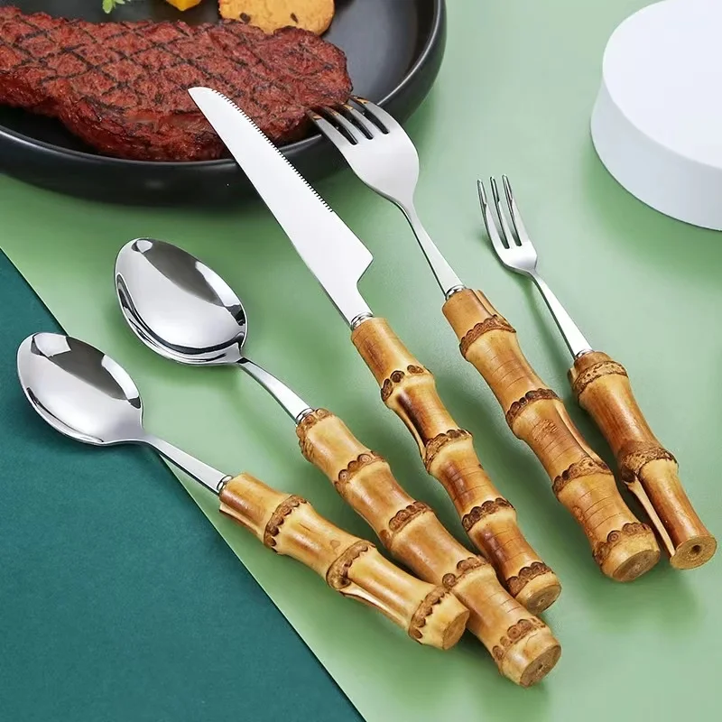 Bamboo Handle Tableware Set Steel Cutlery Set Mirror Silverware Knife Fork Spoon Tableware Flatware Forks Spoons 
Bamboo Handle Tableware Set Steel Cutlery Set Mirror Silverware Knife Fork Spoon Tableware Flatware Forks Spoons