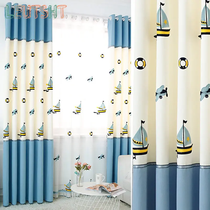 

Mediterranean Style Curtains for Living Room Cartoon Stitching Thickened Sailing Embroidery Curtains for Children's Bedrooms