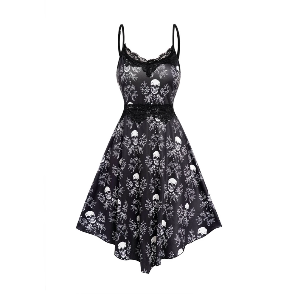 

Dressfo Skull Flower Allover Print Gothic Dress Lace Insert V Neck Adjustable Spaghetti Strap Dress For Female Halloween