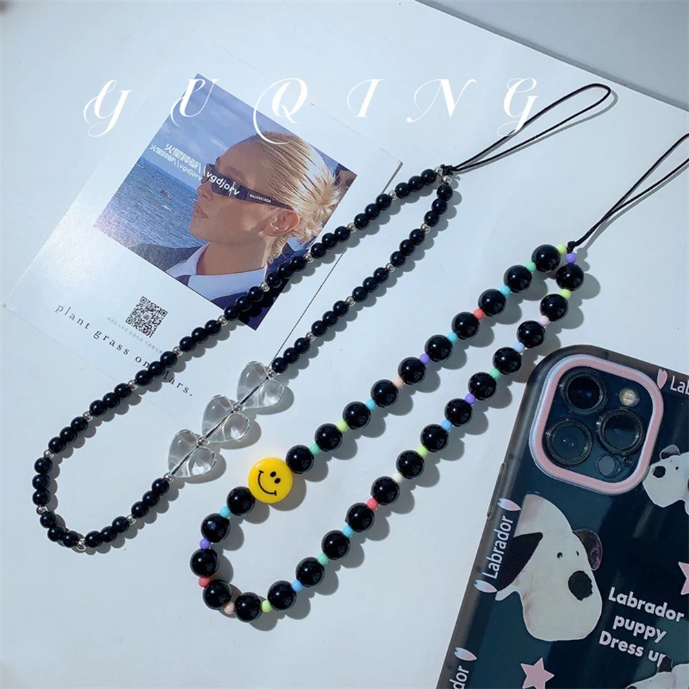 

Smiley Love Heart Black Beads Mobile Phone Chain Jewelry Fashion Women Cell Phone Pendant Lanyard Telephone Accessories