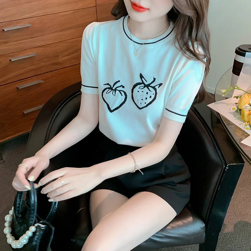 Women's O Neck Puff Sleeve Sweater Knitted Jumper Spring Summer White Korean Preppy strawberry Jacquard Pullover Slim Top Casual
Women's O Neck Puff Sleeve Sweater Knitted Jumper Spring Summer White Korean Preppy strawberry Jacquard Pullover Slim Top Casual