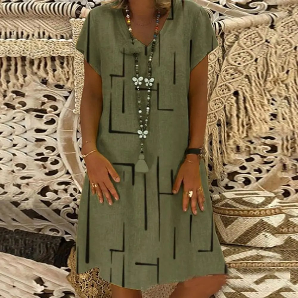 Женское винтажное платье до колена, однотонное свободное платье с коротким рукавом и принтом, с V-образным вырезом
Женское винтажное платье до колена, однотонное свободное платье с коротким рукавом и принтом, с V-образным вырезом