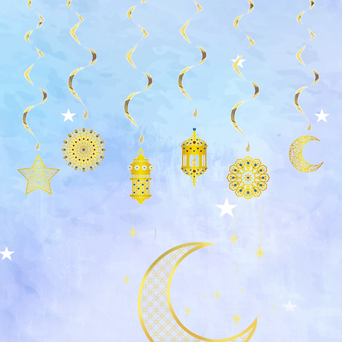 6 Pcs Per Set Gold Spiral Pendants EID Decoration Moon Star Pendants Eid Ramadan Party Decorations For Home
6 Pcs Per Set Gold Spiral Pendants EID Decoration Moon Star Pendants Eid Ramadan Party Decorations For Home